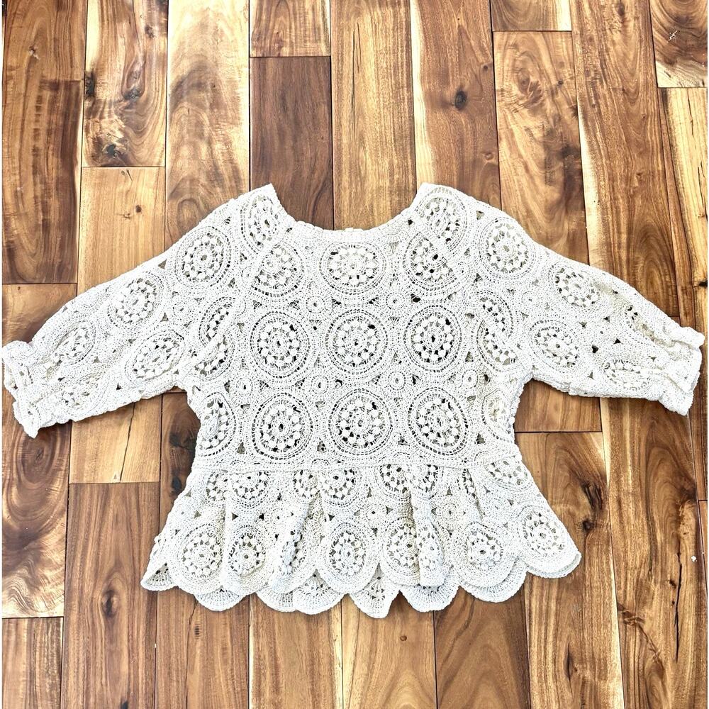 Crochet Top Peplum Ruffle Boho Cottage Romantic feminine Whimsical Fairy Medium